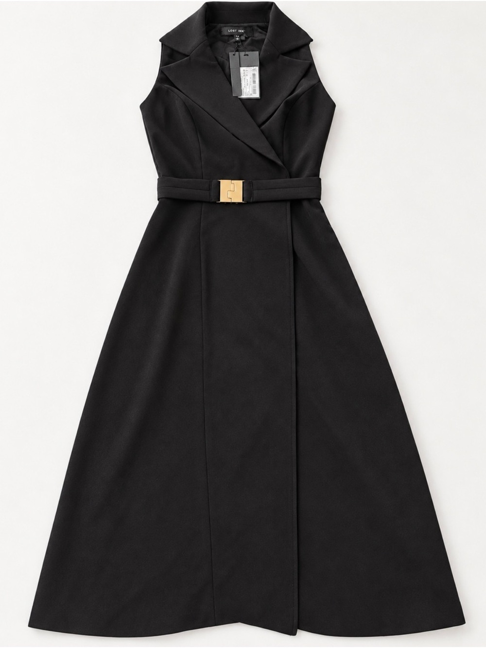 Sleeveless Black Midi Dress with Gold Buckle Belt by LOFT